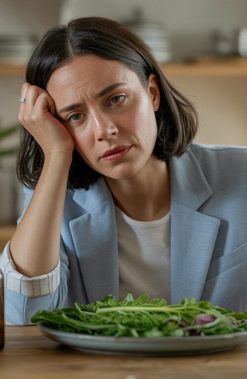 A woman sitting at a kitchen table, resting her head in her hand, with fresh vegetables and a herbal supplement in front of her, looking contemplative.